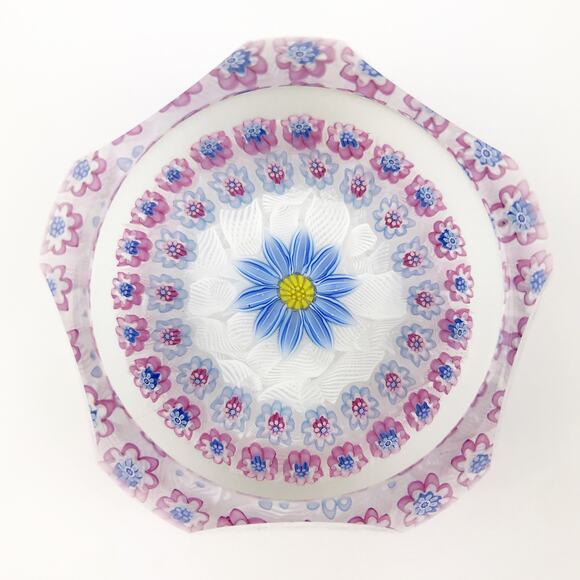 Perthshire 1996B Blue Flower on Lace Floral Pink Daisy Canes Faceted Paperweight - Picture 1 of 13